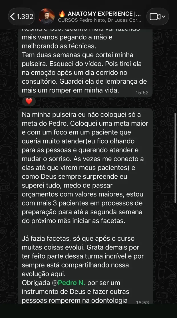 Mensagem de aluno no grupo do curso